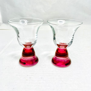 Set/2 MCM Cordial Shot Cocktail Clear Handblown Barware Glasses Red/Pink Base